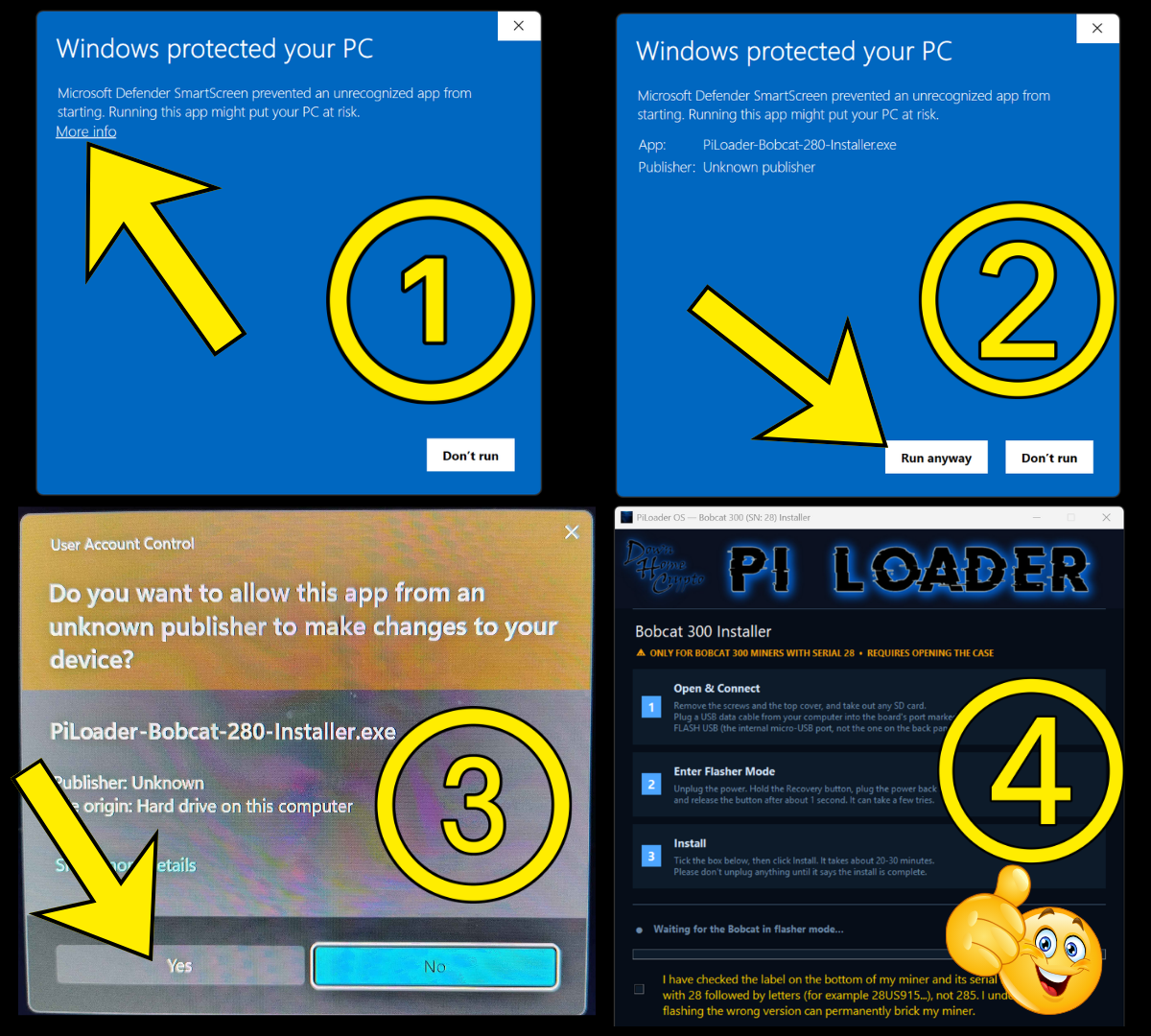 Windows SmartScreen screens (More info → Run anyway → Yes) and the PiLoader Bobcat 280 Installer window