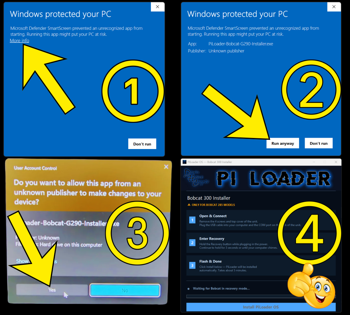 Windows SmartScreen warning screens and PiLoader Bobcat 285 installer
