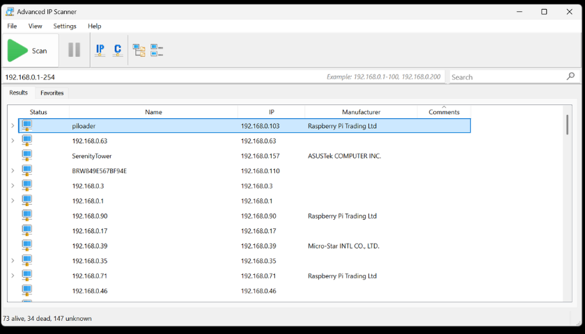 Advanced IP Scanner showing piloader device