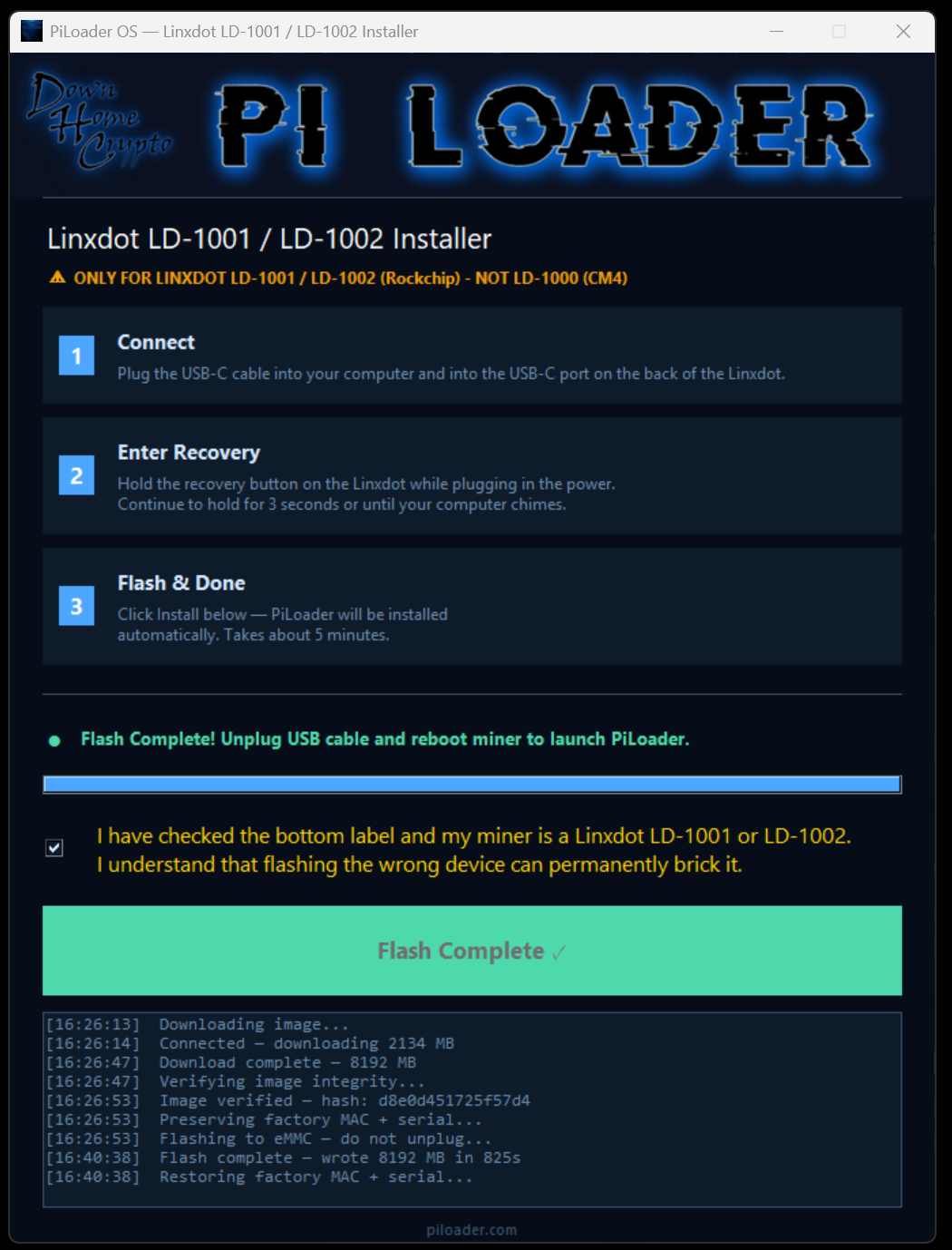 PiLoader Linxdot Installer showing Flash Complete — safe to unplug