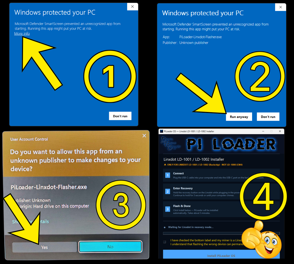 Windows SmartScreen Run anyway screens and the PiLoader Linxdot Installer window open