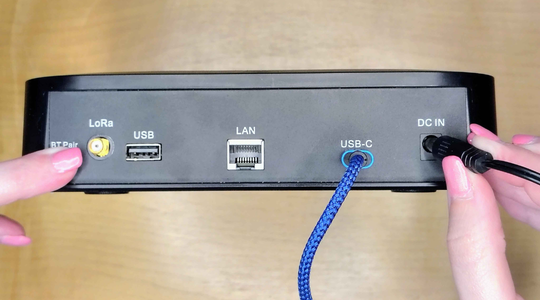 Back of the Linxdot showing the BT Pair (recovery) button, USB-C data port, and DC IN power jack
