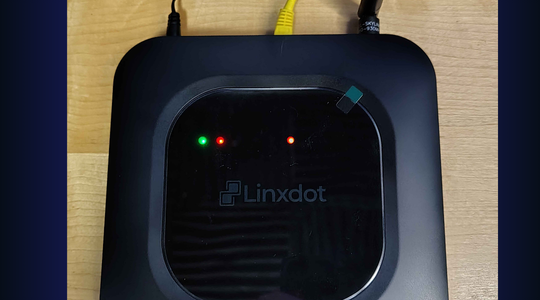 Linxdot powered on with status LEDs lit and ethernet connected
