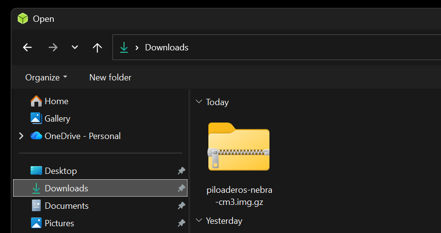 The downloaded PiLoader Nebra CM3+ image in the Downloads folder