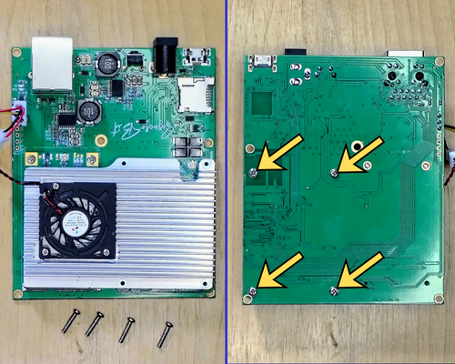 Align the heatsink over the CM4, flip the board face down, and install the 4 machine screws