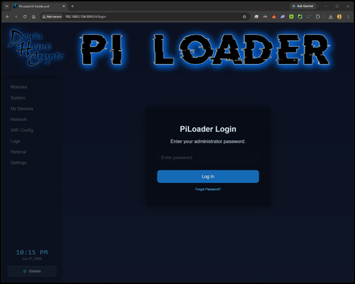 PiLoader OS dashboard login screen with the password field and Log In button